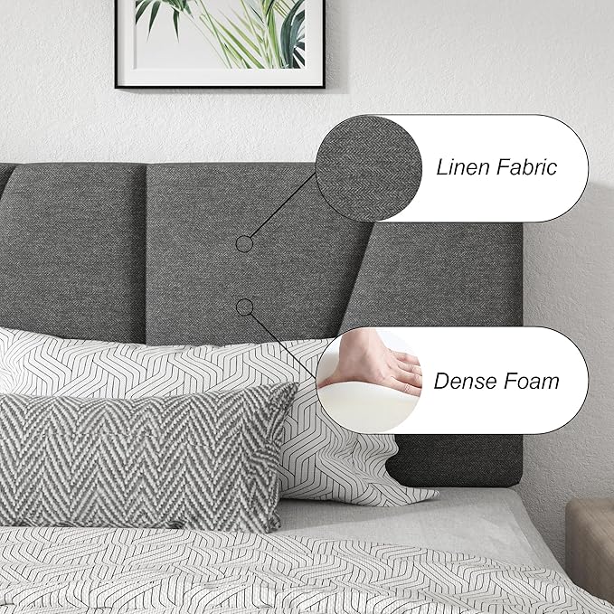 Full Size Platform Bed Frame with Geometric Upholstered Headboard, Noise Free, Wooden Slats Support, No Box Spring Needed, Easy Assembly, Dark Grey, Linen