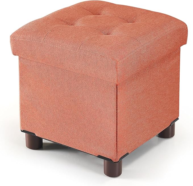 BRIAN & DANY Small Ottoman with Storage, Small Storage Ottoman, Folding Foot Stool with Wood Legs for Living Room and Bedroom Linen Rest Seat, 12.6"x12.6"x12.8" - Orange