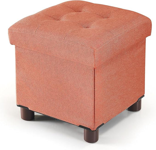BRIAN & DANY Small Ottoman with Storage, Small Storage Ottoman, Folding Foot Stool with Wood Legs for Living Room and Bedroom Linen Rest Seat, 12.6"x12.6"x12.8" - Orange
