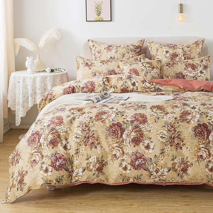 FADFAY Duvet Cover Set Twin Tan Peony Floral Bedding Shabby Brown Flower Comforter Cover Set Vintage Farmhouse Bedding 100% Cotton Soft Quilt Cover with Hidden Zipper Closure 3 Pieces, Twin Size