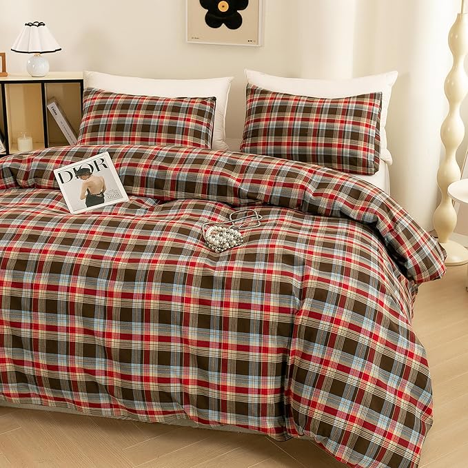 ECOCOTT Buffalo Plaid Duvet Cover Queen Size– 3 Piece Washed Cotton Bedding Set with Classic Checkered Pattern, Red & Brown Duvet Cover with Pillowcases for All Seasons