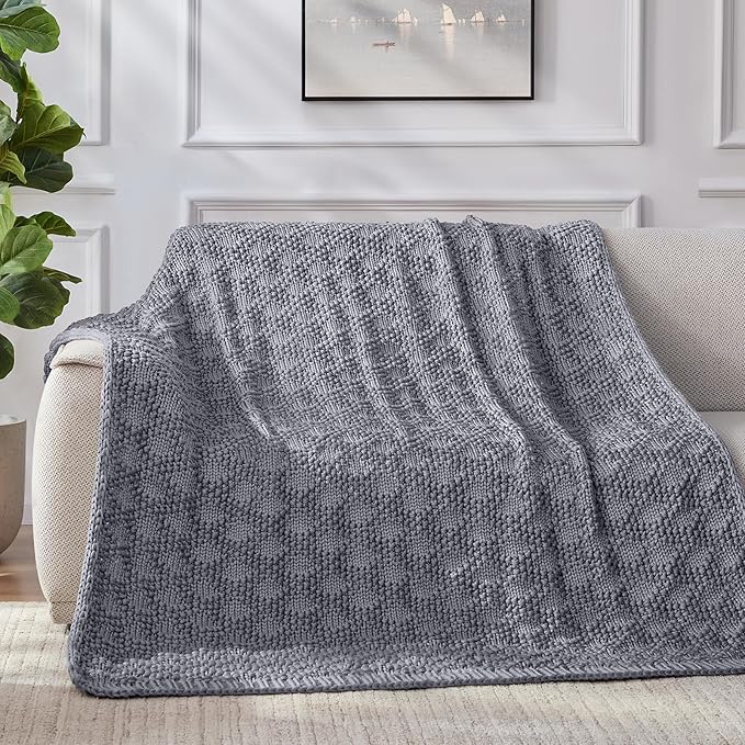 Knitted Weighted Blanket for Adult, Chunky Knit Weighted Throw for Sleep 60"*80" 12lbs, Cooling Breathable Machine Washable Heavy Blanket for Room Decor (Light Grey, Queen)