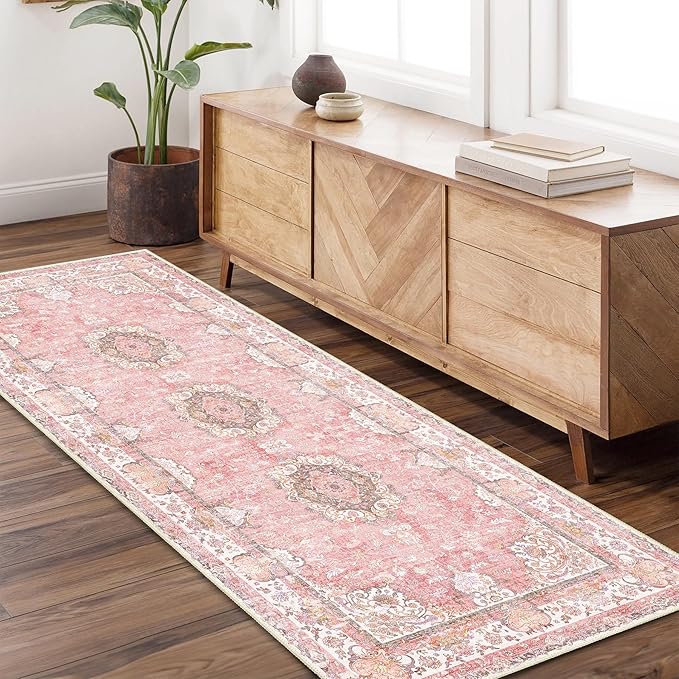 Washable Runner Rug 2'x6',Pink Rug Runners Non Slip,Long Boho Rugs for Hallways Kitchen Bathroom Bedroom Entryway,Vintage Bohemian Distressed Floor Carpet,Blush Floral Flowers