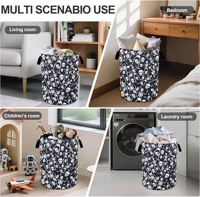 Funny Skull Laundry Basket Foldable Oxford Cloth Tote Bag Laundry Hamper Clothes Storage Bucket Organizer For Bathroom/Laundry Storage/Bedroom 19.6x15.7 Inch
