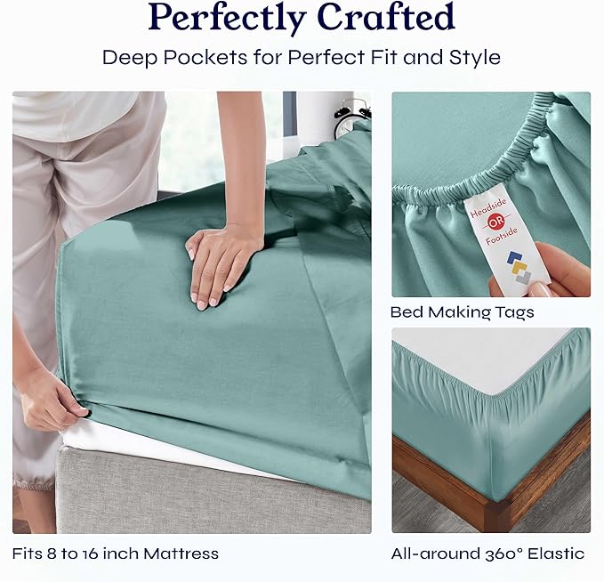 California Design Den Natural 100% Cotton Sheets, Soft Queen Sheet Set, 400 Thread Count Sateen, Deep Pockets with All-Around Elastic for a Snug Fit, Durable Bedding Set - Teal CaliforniaDesignDen