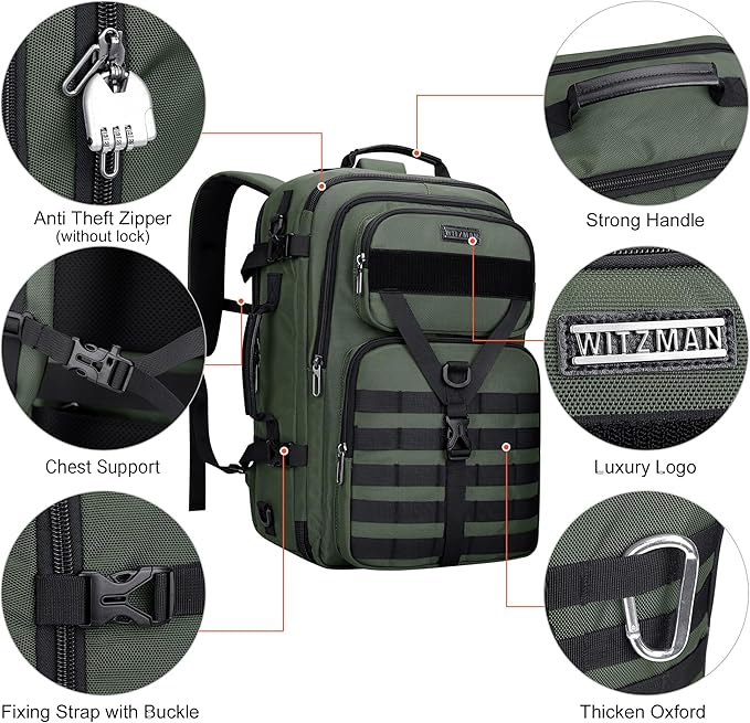 WITZMAN Carry On Travel Backpack for Men Large Convertible 45L Fit 17 Inch Laptop Backpack 3 in 1 Bag for Airline Approved(B688 Army Green)