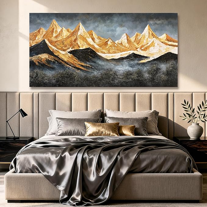 YETHEN WAL Extra-Wide Gold Mountain Wall Art – Oversized Panoramic Landscape Canvas, Textured Mountain Scenery for Living Room Bedroom Office, 29×58 Inch