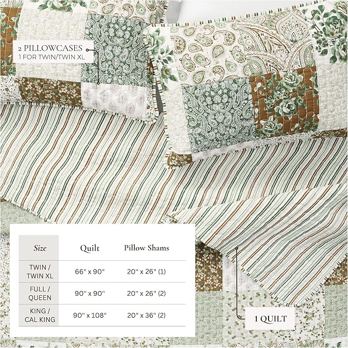 Great Bay Home 2-Piece Twin/Twin XL Microfiber Quilt Set with Shams - Patchwork Floral Reversible Design - Lightweight, All-Season, Layerable Bedding Set (Floral Grid - Brown)