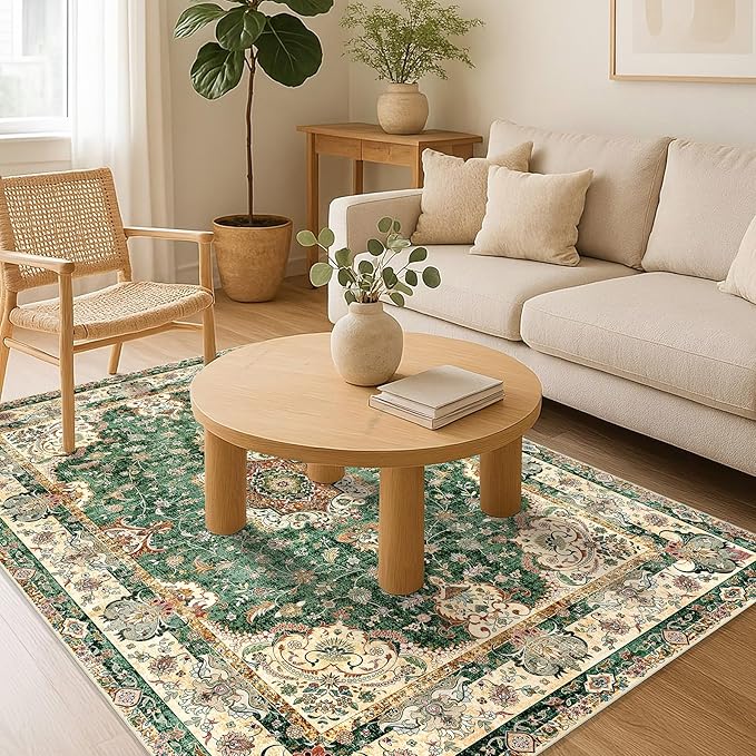 Green Rug 4'x6.5',Washable Area Rugs for Bedroom Living Room Kitchen Entryway Bedside,Small Boho Vintage Bohemian Distressed Oriental Non Slip Carpet,Retro Sage Floral