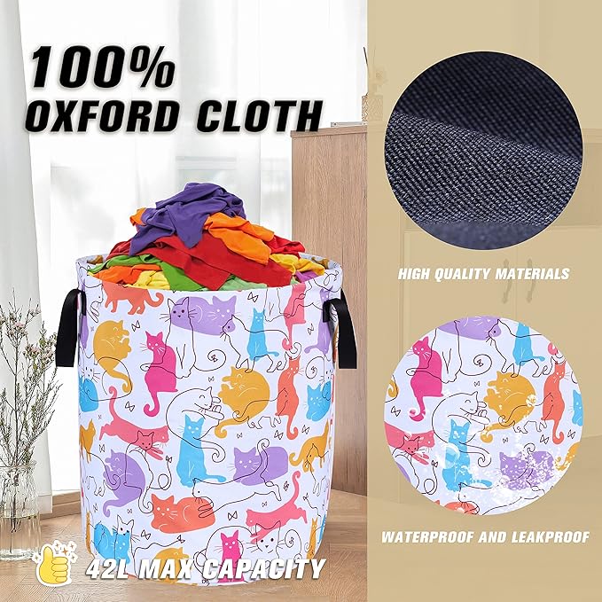 Cute Cat Laundry Basket Foldable Oxford Cloth Funny Tote Bag Laundry Hamper Clothes Storage Bucket Organizer For Bathroom/Laundry Storage/Bedroom Storage Basket 17.7x13.7 Inch