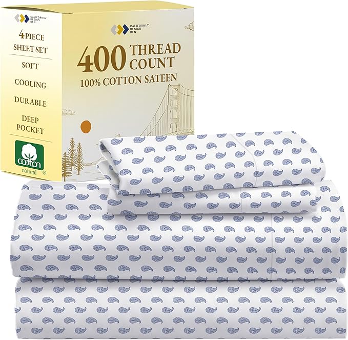 California Design Den Full Size Bed Sheets Set - 400 Thread Count Sateen, Natural 100% Cotton Sheets for Full Size Bed, Deep Pocket and Durable Bedding Set - Paisley Blue CaliforniaDesignDen