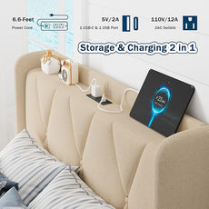 Twin Bed Frame with 4 Storage Drawers, Upholstered Platform Bed with Charging Station, Modern Wingback Storage Headboard, Easy Assembly,Noise-Free, Beige