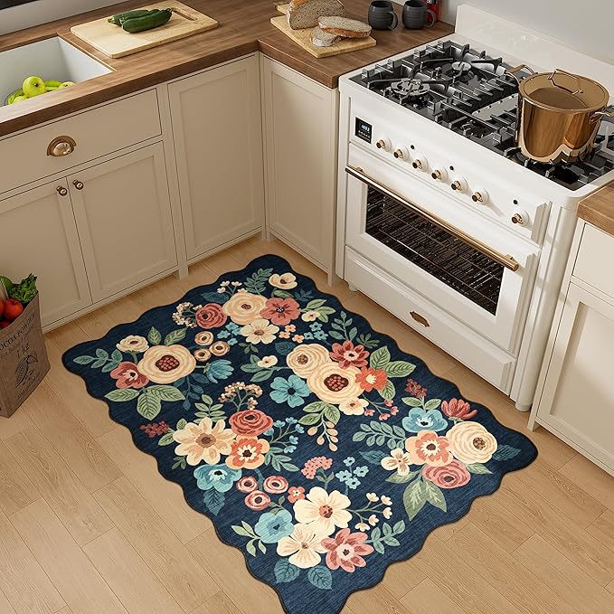 DUKINO 2x3 Entryway Rug, Floral Washable Indoor Door Mat with Non-Slip Backing, Soft Low Pile Small Front Door Throw Rugs for Entryway, Kitchen, Bedroom, Laundry, Bathroom, Navy Blue