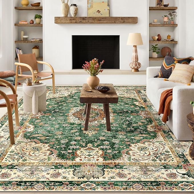 Green Rug 6'x9' Area Rugs,Boho Washable Rug for Living Room Bedroom Dining Room,Large Vintage Bohemian Distressed Oriental Carpet Non Slip,Retro Sage Floral