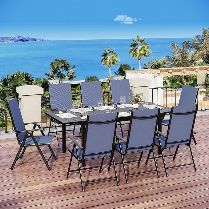 MFSTUDIO Patio Folding Chairs Set of 6, Outdoor Patio Dining Chairs, Portable Blue Sling Patio Chairs, 7 Levels Adjustable Sling Back Chairs for Backyard Lawn Garden