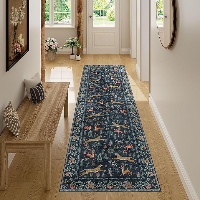 DUKINO Runner Rug, 2x7 Washable Kitchen Rugs for Hallways with Non Slip Backing, Soft Low Pile Vintage Animal Runner for Kitchen, Hallway, Entryway, Laundry, Bedroom, Navy Blue