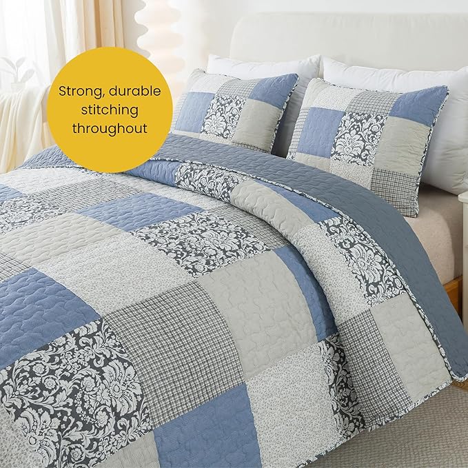 SLPR Sweet Dreams Cotton Quilt Set - Queen Size with 2 Shams, Pieced Patchwork Bedding in Blue and Gray, Country Style Farmhouse Quilted Bedspread