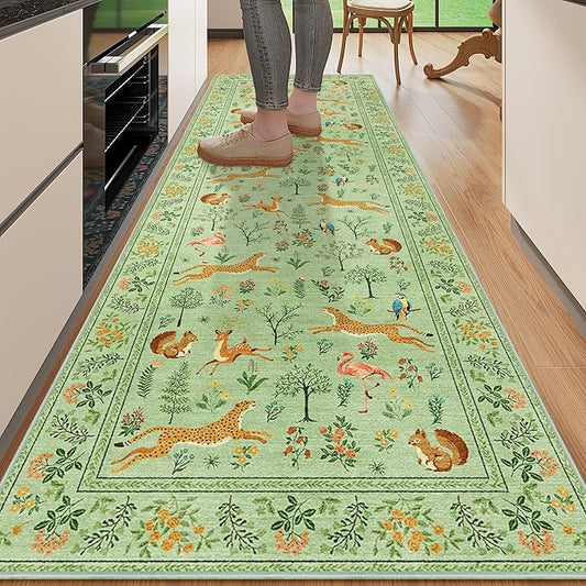 DUKINO 2x10 Rug for Hallway, Washable Kitchen Runner Rug with Non Slip Backing, Soft Low Pile Vintage Animal Runner for Bedroom, Kitchen, Hallway, Entryway, Laundry, Light Green