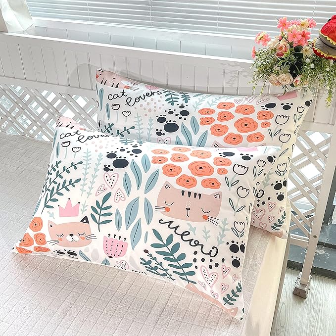 CVHOUSE Cat Bedding,Cartoon Cat Comforter Twin,Animals Print Comforter Set for Kids,Kawaii Quilt Set with 1 Comforter and 2 Pillow Cases