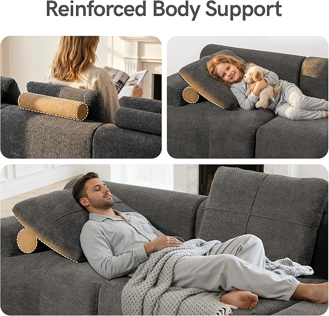 Boneless Couches for Living Room L Shaped Couch Modular Sectional Sofa 112'' Comfy Deep Seat No Assembly Couch Grey Modern 3 Seater Chenille Boneless Sofa with Ottoman for Bedroom Apartment