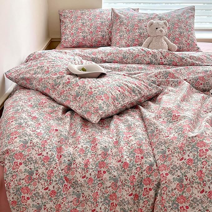 Duvet Cover Queen Pink Floral Bedding Set - Shabby Chic Boho Cotton Duvet Cover Set Queen Size - Breathable Comforter Cover with Zipper Ties,3 Piece Bed Set(1 Duvet Cover 90"x90" and 2 Pillow Shams)