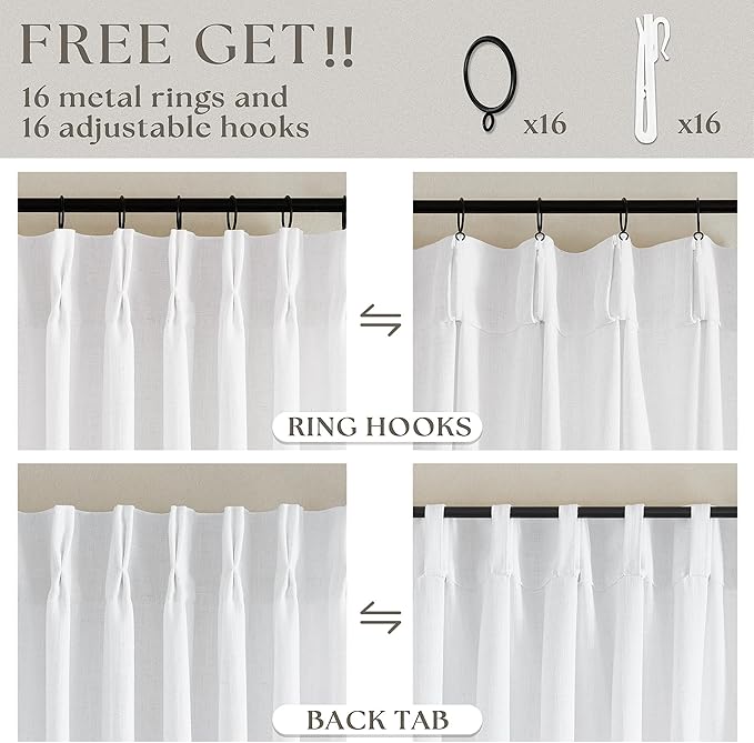 Pinch Pleated Linen Curtains 108 Inches Long 2 Panels Set for Living Room Bedroom Farmhouse Snow White Cotton Linen Blend Back Tab Pinch Pleat Drapes Ceiling Floor Extra Long Window Curtains 9 Ft