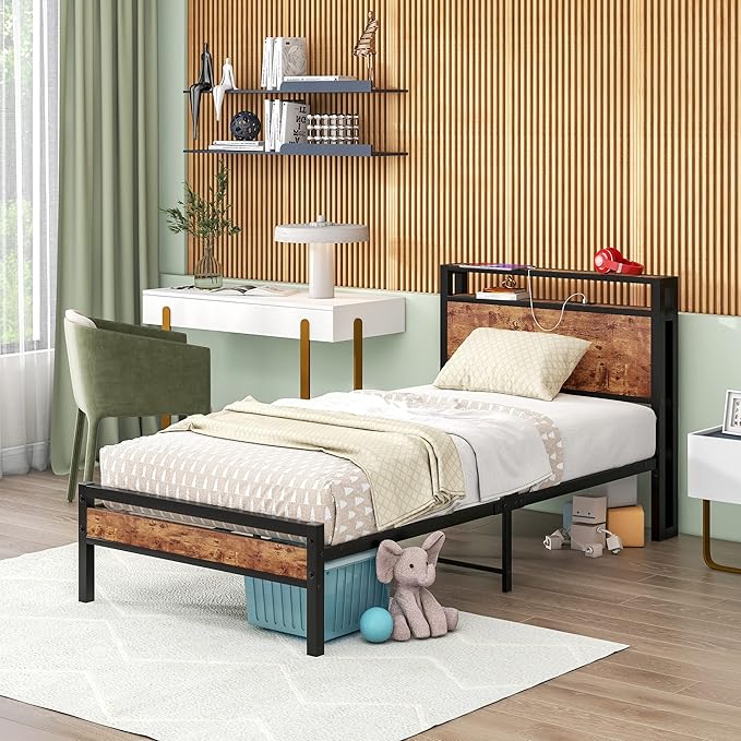 HOJINLINERO Twin Bed Frame with Storage Headboard/USB Charging Station,Single Platform Bed Frame Twin Size No Box Spring Needed,Strong Steel Slats Support,Bedroom Furniture,Rustic Brown