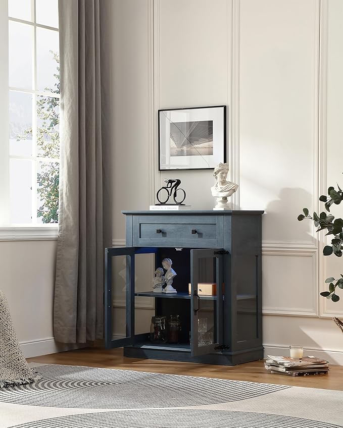 Modern 31.5'' Small Sideboard Buffet Cabinet with Storage,Small Coffee bar Cabinet with a Drawer and Adjustable Shelf,Glass Doors Sideboard Buffet with LED for Kitchen,Blue