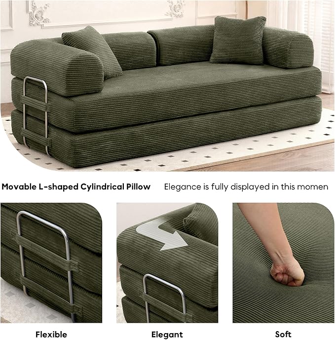Convertible Sleeper Sofa Bed, Corduroy Floor Couch with Fixed-Shape Frame, Comfy Modular Floor Sofa with Pull Out Bed, Loveseat Sleeper Boneless Couch for Living Room, Green