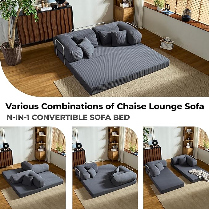 78 Inch Convertible Sofa Bed, 4D Fresh Fabric Boneless Couch with Fixed Frame and 4 Pillows, Modular Sectional Couch for Living Room Bedroom Studio Floor Bed Loveseat Sofa