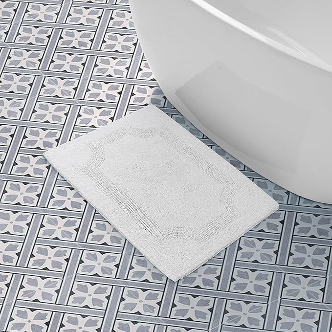 Laura Ashley - Reversible Cotton Bath Mat, Premium Bathroom Décor, Machine Washable Bathroom Rug, Highly Absorbent, 17"x24", White