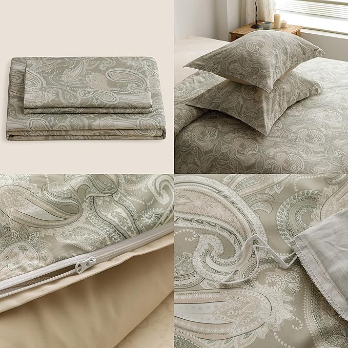 HeimenAogo Luxurious Egyptian Cotton Duvet Cover Set, California King Size Sateen Weave with Silky Soft Boho Style, Zipper Closure and Paisley Pattern