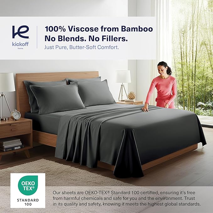 Kickoff Viscose Bamboo Sheets Twin XL Size 3-pc 100% Organic Bamboo Viscose Bed Cooling Sheets Twin XL Size Set Cool Bedding for hot Sleepers Sheet, Flat, Fitted, Pillowcase (Pewter, TXL) KickoffHome