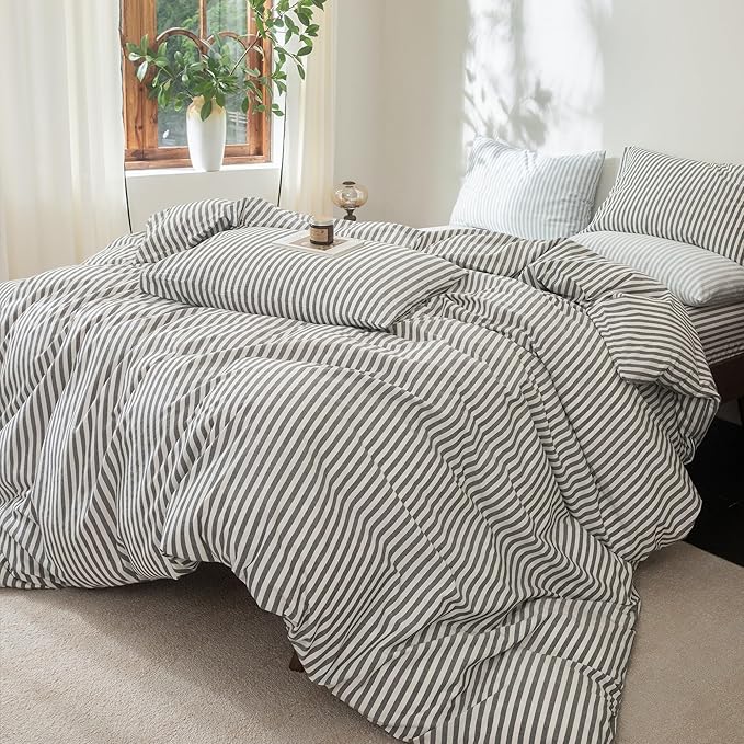 FOSSA Striped Duvet Cover Set 100% Washed Cotton Linen Feel Super Soft Breathable Cozy 3 Pieces Bedding Sets Dark Grey White Classic Stripes King
