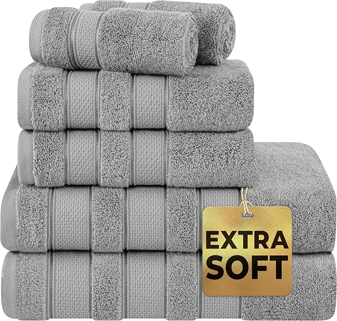 American Soft Linen Salem Turkish Bath Towel Set, 100% Cotton 600 GSM 6 Piece Towels for Bathroom, 2 Bath Towels 2 Hand Towels 2 Washcloths, Light Grey