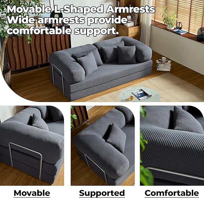 78 Inch Convertible Sofa Bed, 4D Fresh Fabric Boneless Couch with Fixed Frame and 4 Pillows, Modular Sectional Couch for Living Room Bedroom Studio Floor Bed Loveseat Sofa