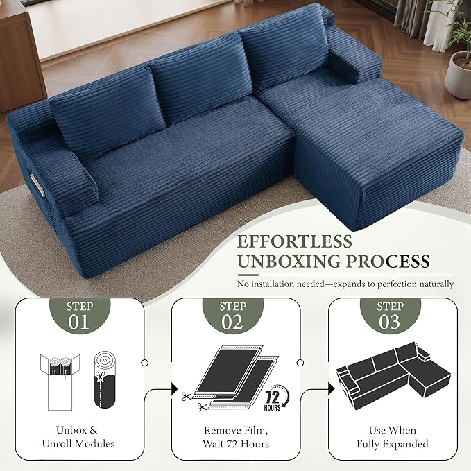 96''Sectional Couches for Living Room Modern Modular Sectional Sofa Upholstered Boneless Couch Comfy Cloud Couch with Chaise (Blue, 96''W Right Facing Chaise)