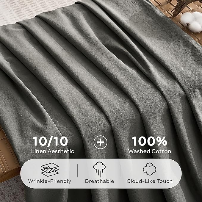 JELLYMONI 100% Washed Cotton Standard Pillowcases Set, 2 Pack Linen-Like Texture Breathable Pillow Covers with Button Closure,Deep Grey Standard 20"×26"(Pillows are not Included)