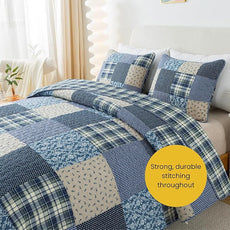 SLPR Blue Symphony Cotton Pieced Quilt Set - King with 2 Shams, Farmhouse Patchwork Quilted Bedspread with Check and Plaid Pattern, Lightweight and Cozy Country Checkered Bedding