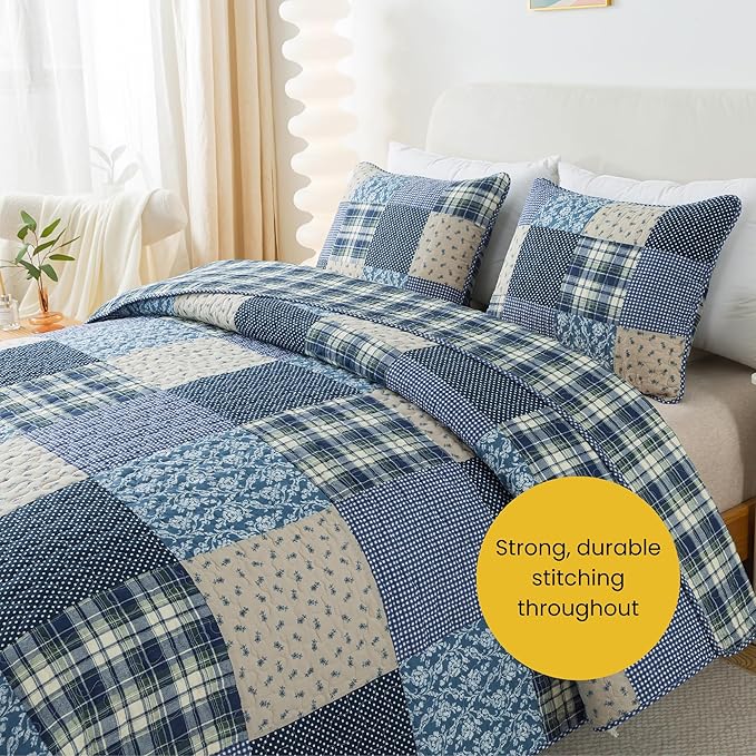 SLPR Blue Symphony Cotton Pieced Quilt Set - King with 2 Shams, Farmhouse Patchwork Quilted Bedspread with Check and Plaid Pattern, Lightweight and Cozy Country Checkered Bedding