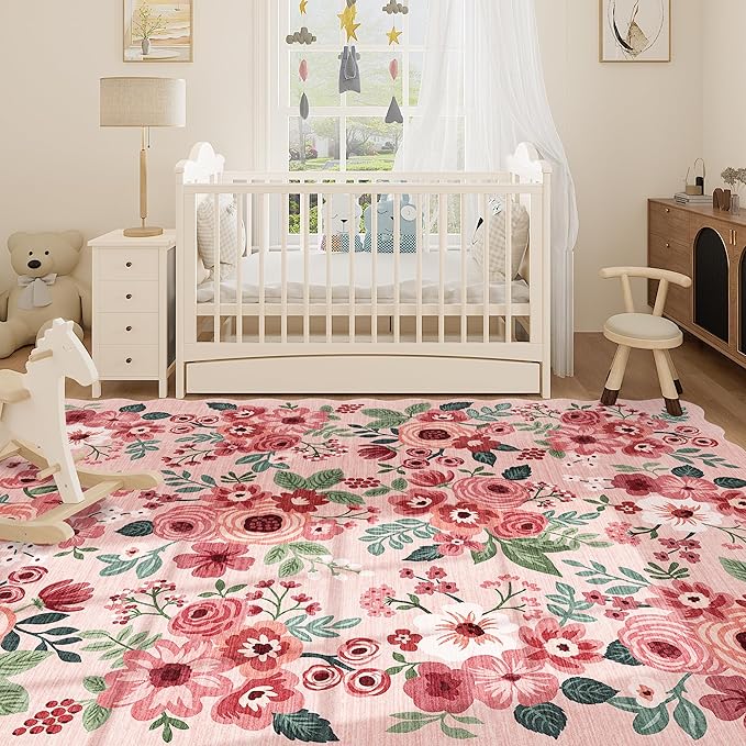 DUKINO 8x10 Area Rug, Floral Washable Rugs for Living Room with Non Slip Backing & Non-Shedding, Lightwight Low Pile Boho Design Large Carpets for Bedroom, Living Room, Dining Room, Pink