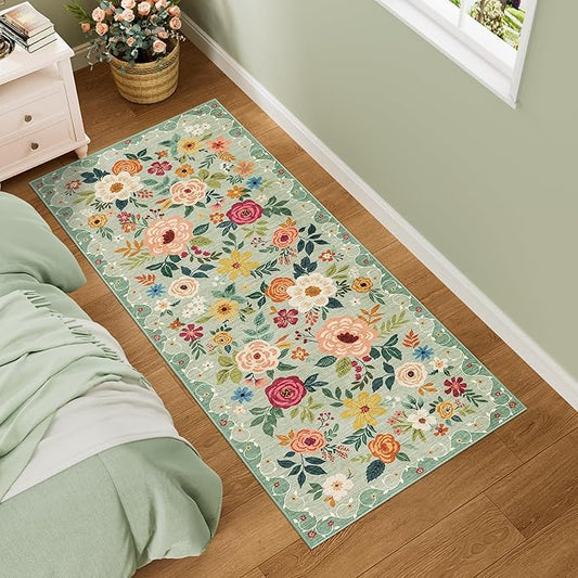 DUKINO 2x5 Runner Rug for Hallway, Washable Kitchen Floral Runner Rug with Non Slip Backing, Low Pile Soft Boho Carpet for Kitchen, Hallway, Entryway, Laundry, Bedroom, Green