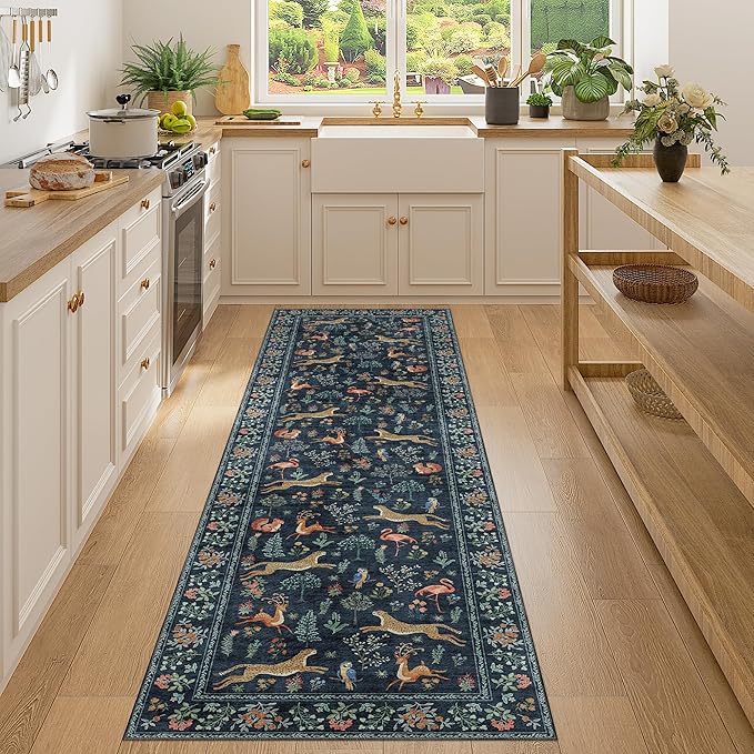 DUKINO Runner Rug, 2x7 Washable Kitchen Rugs for Hallways with Non Slip Backing, Soft Low Pile Vintage Animal Runner for Kitchen, Hallway, Entryway, Laundry, Bedroom, Navy Blue
