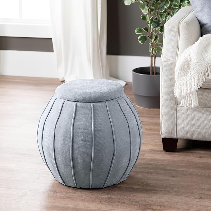 Crestview Collection 18" Foot Stool Ottoman, Round Storage Ottoman Removable Seat, Fabric Round Foot Rest, Vanity Stool, Extra Seating for Living Room, Bedroom, Entryway(Blue Grey)