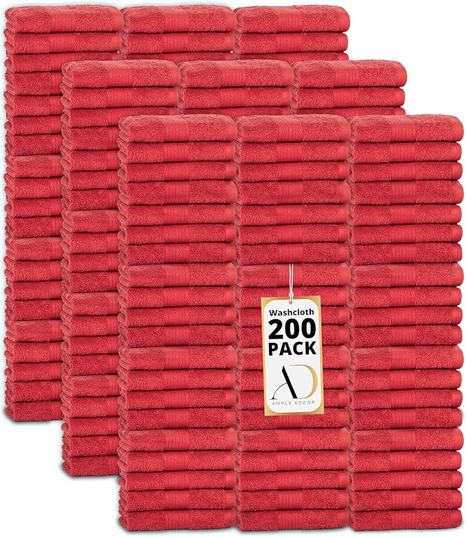 Ample Decor Washcloths Pack of 200 12 X 12 Inch 100% Cotton 600 GSM, Soft Absorbent and Reusable Fingertip Towels, Ideal for Bathroom and Powder Room - Red