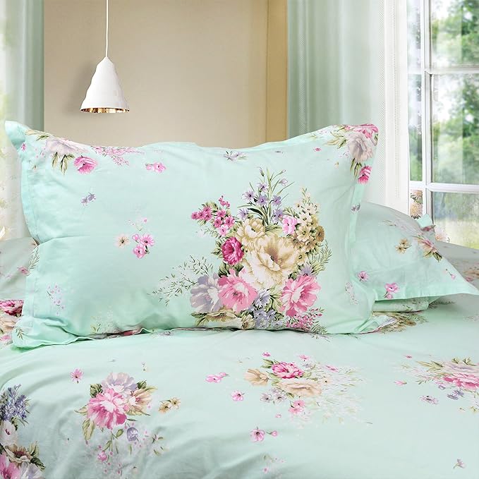 FADFAY Green Floral Duvet Cover Sets Vintage Flower Printed Bedding Ultra Soft 100% Cotton Twin Extra Long Designer Bedding Set 3 Pieces, 1duvet Cover & 2pillowcases (Twin XL Size, Simple Style)