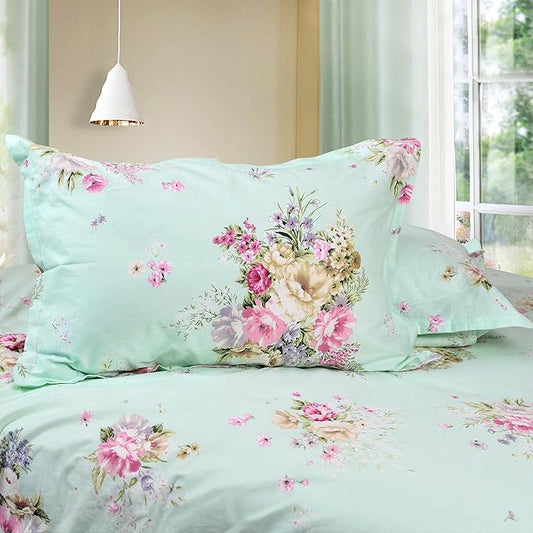 FADFAY Green Floral Duvet Cover Sets Vintage Flower Printed Bedding Ultra Soft 100% Cotton Designer Bedding Set 3 Pieces, 1duvet Cover & 2pillowcases (Twin Size, Simple Style)