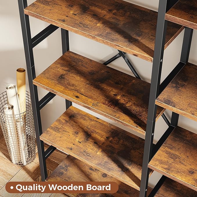 SUPERJARE Triple 5 Tier Bookshelf, Bookcase with 14 Open Display Shelves, Wide Book Shelf Book Case for Home & Office, Rustic Brown