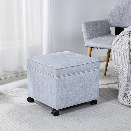 Adeco 17.5" Square Fabric Ottoman with Storage, Upholstered Cotton Linen Foot Rest, Flip Top Footstool, Small Cube Coffee Table Extra Seat for Living Room, Bedroom, Ice Blue with Rolling Legs