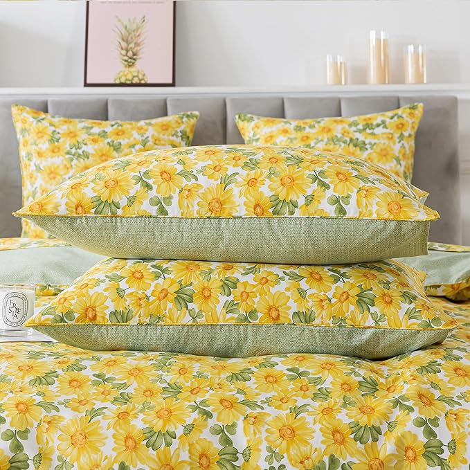 FADFAY Sunflower Duvet Cover Set Twin Vintage Yellow Daisy Floral Bedding Shabby Botanical Comforter Cover Set 100% Percale Cotton Ultra Soft Quilt Cover with Hidden Zipper Closure 3Pcs, Twin Size